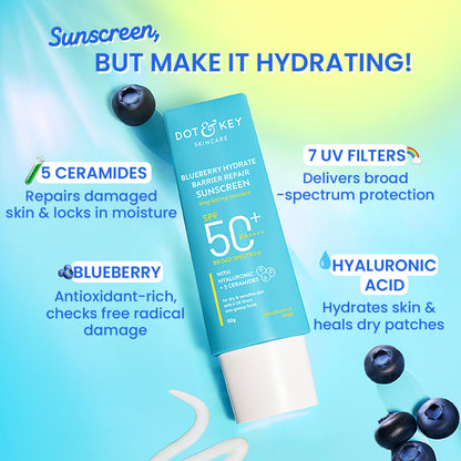 Dot & Key Sunscreen - SPF 50 PA++++ Blueberry Hydrate Barrier Repair,In-Vivo Tested, with Ceramides (30 g)