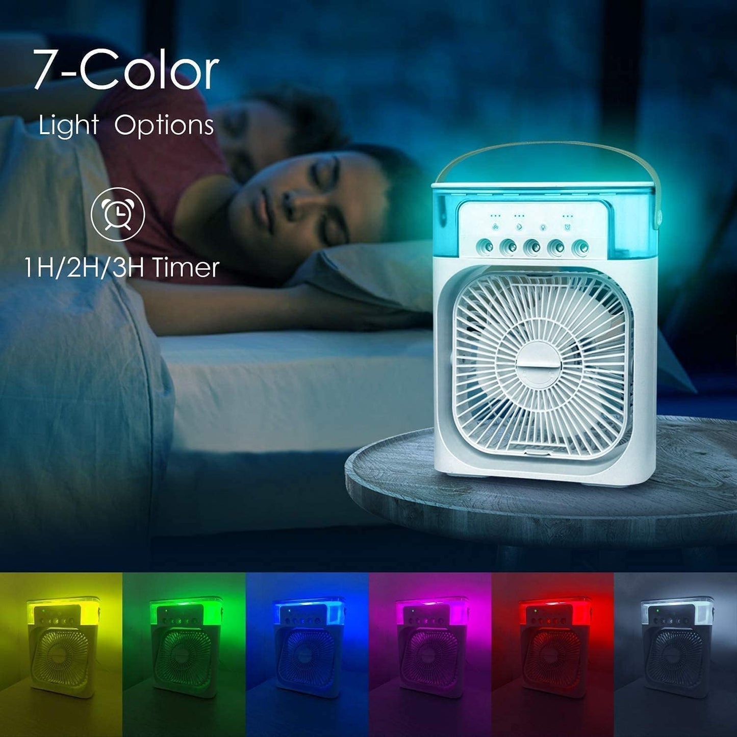 Portable Air Cooler Fan with Water Tank & USB Power - Mini Personal Evaporative Cooler with 3 Speeds, Mist Humidifier, LED Light, Quiet Cooling for Home, Office, Bedroom (MultiColor)