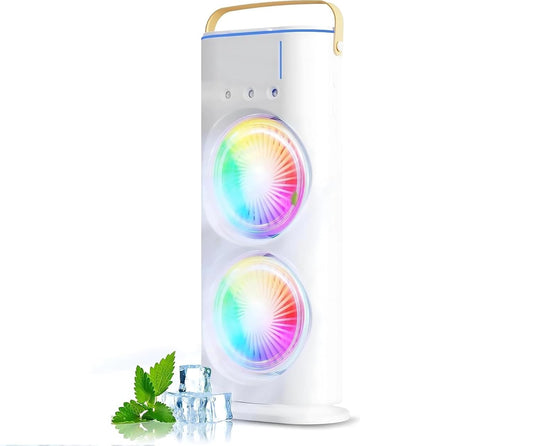 Double Fan Mini Cooler, 2026 USB Rechargeable Air Cooler with LED, Remote & 280ml Tank, 3-Speed Quiet Dual Spray Fan for Home, Office, Energy Saving, Heatstroke Prevention