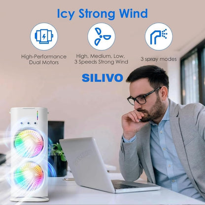 Double Fan Mini Cooler, 2026 USB Rechargeable Air Cooler with LED, Remote & 280ml Tank, 3-Speed Quiet Dual Spray Fan for Home, Office, Energy Saving, Heatstroke Prevention