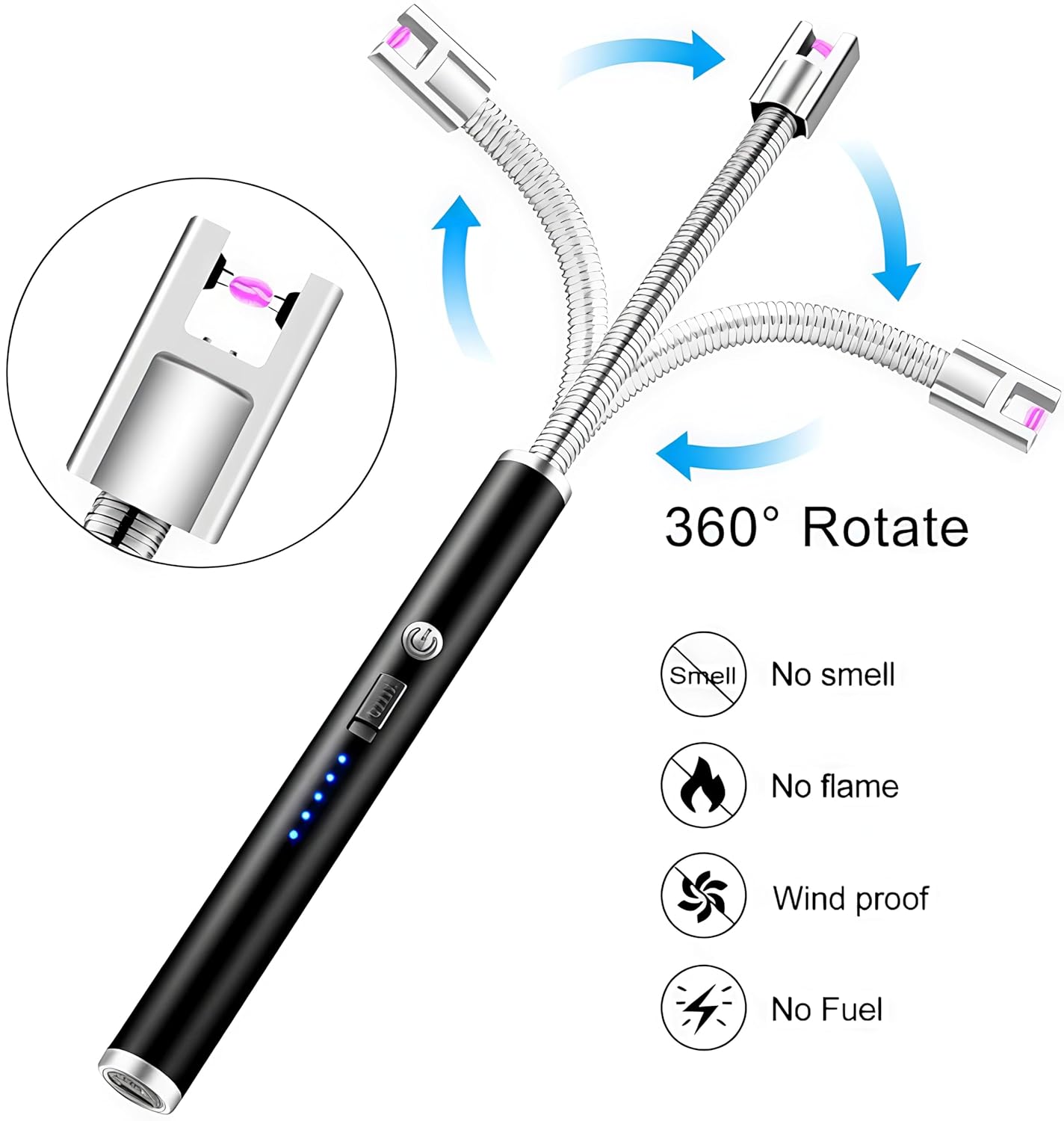 Rechargeable Electric Gas Lighter for Kitchen, Lighter for Gas Stove, Candles, Pooja, 1 Year Warranty, C-Type USB, Kitchen Tools, Multi Purpose - 360° Flexible & Windproof, Black