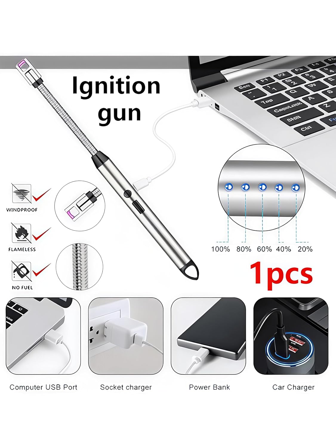 Rechargeable Electric Gas Lighter for Kitchen, Lighter for Gas Stove, Candles, Pooja, 1 Year Warranty, C-Type USB, Kitchen Tools, Multi Purpose - 360° Flexible & Windproof, Black
