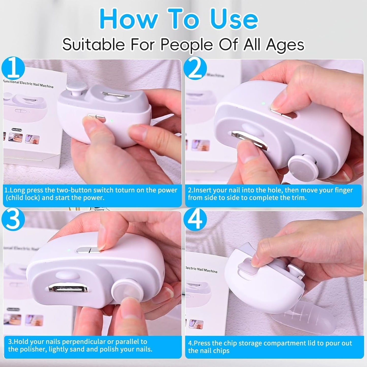 Electric Nail Clipper with LED Light – USB Rechargeable 2 in 1 Automatic Nail Trimmer & Nail File with 2 Speeds – Anti-Splash Nail Cutter with Dust Bin – Tool for Baby, Kids & Adults