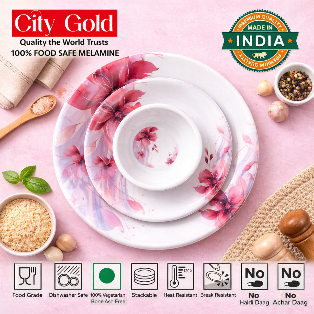 City Gold Pack of 32 Melamin Food Grade Quality the World Trust, No Haldi Stain, No Oil Stain, No Achar Stain Dinner Set (Pink, White)