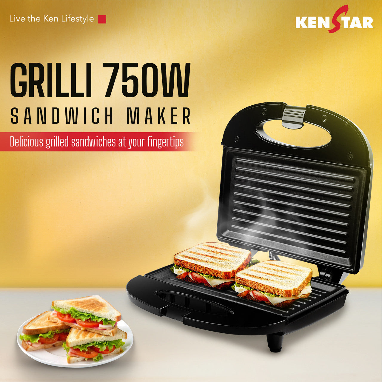 Kenstar KTG02KGPR1-DBH / KTG02KGPR1-DAR / KTG02KGPR0-DBM Grill Sandwich Maker (Black)
