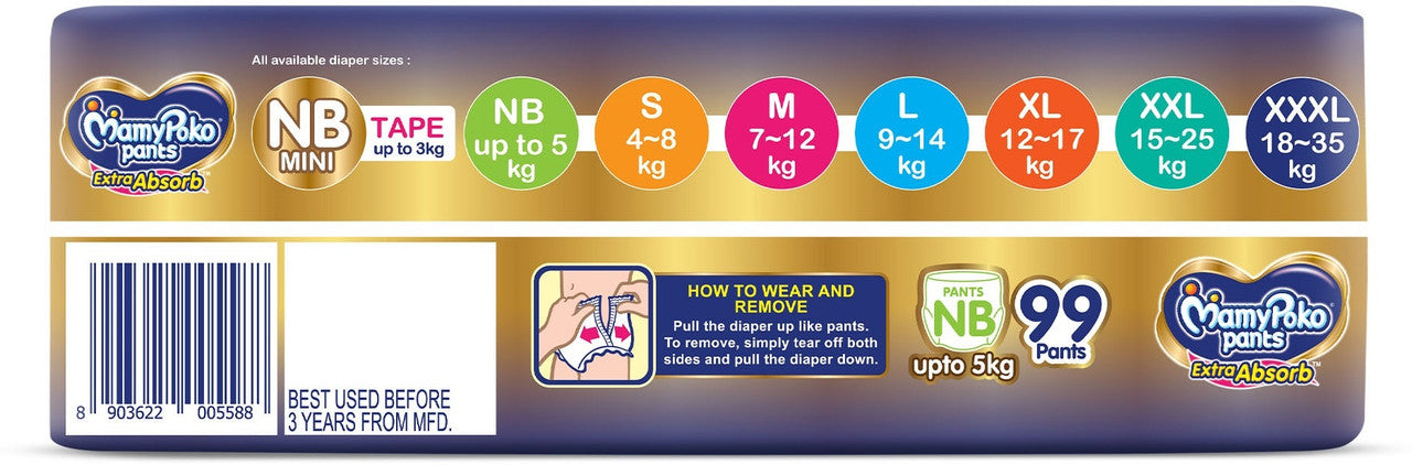 MamyPoko Pants Extra Absorb Baby Diapers,0-5 kg - New Born (99 Pieces)