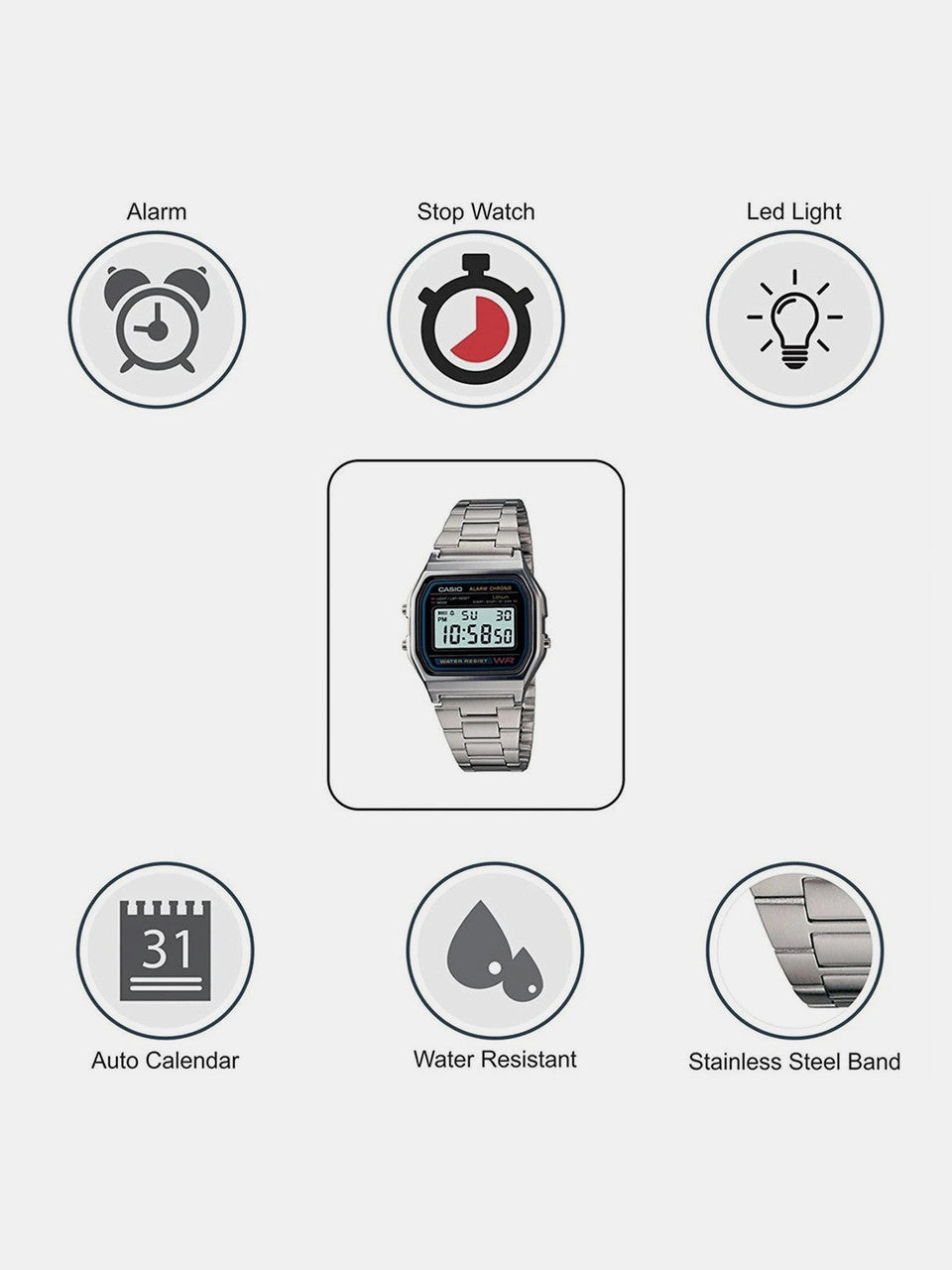 CASIO Vintage A158WA-1DF Black Dial Silver Stainless Steel Band Digital Watch  - For Men & Women D011