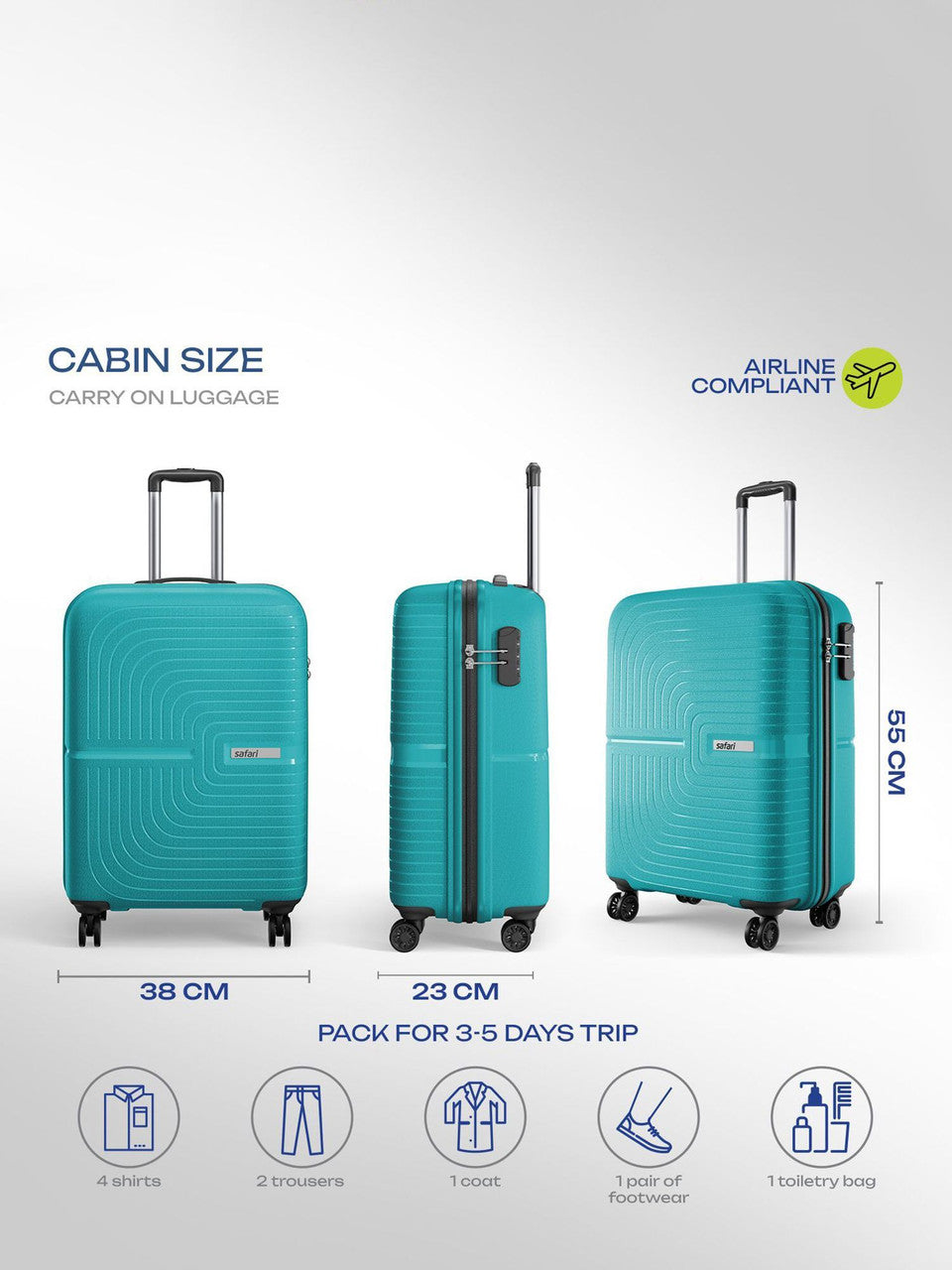 SAFARI Small Cabin Suitcase (55 cm) 8 Wheels - Eclipse Neo 55 - Teal, Silver