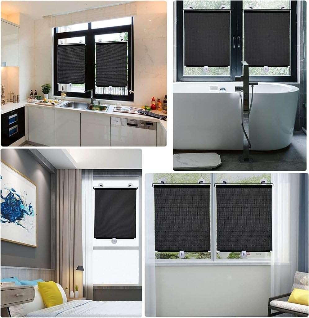 Suction Cup Roller Blind for Windows - Black Mesh UV Sunshade Curtain with Retractable Roll Up Design, Portable Blackout Window Blind for Home, Office, Balcony Privacy Shade