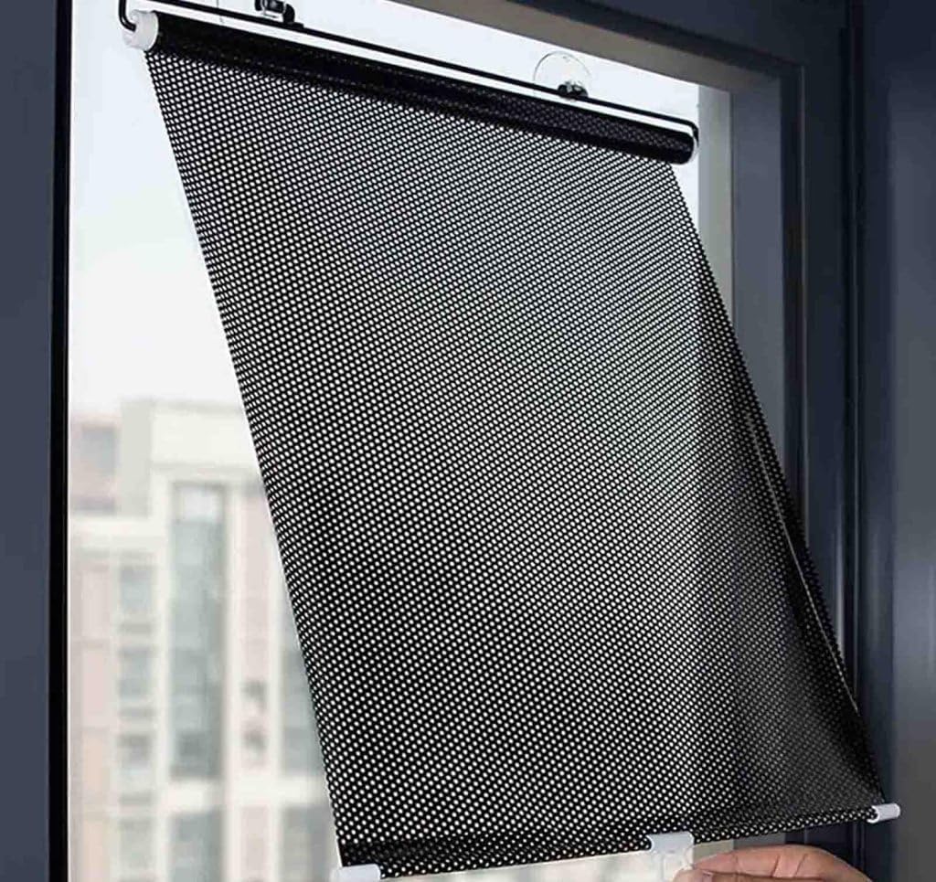 Suction Cup Roller Blind for Windows - Black Mesh UV Sunshade Curtain with Retractable Roll Up Design, Portable Blackout Window Blind for Home, Office, Balcony Privacy Shade